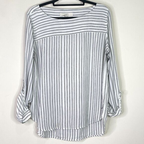 LOFT Roll Tab Sleeve Flowy Striped Blouse Women's Size Medium Petite - Picture 6 of 6